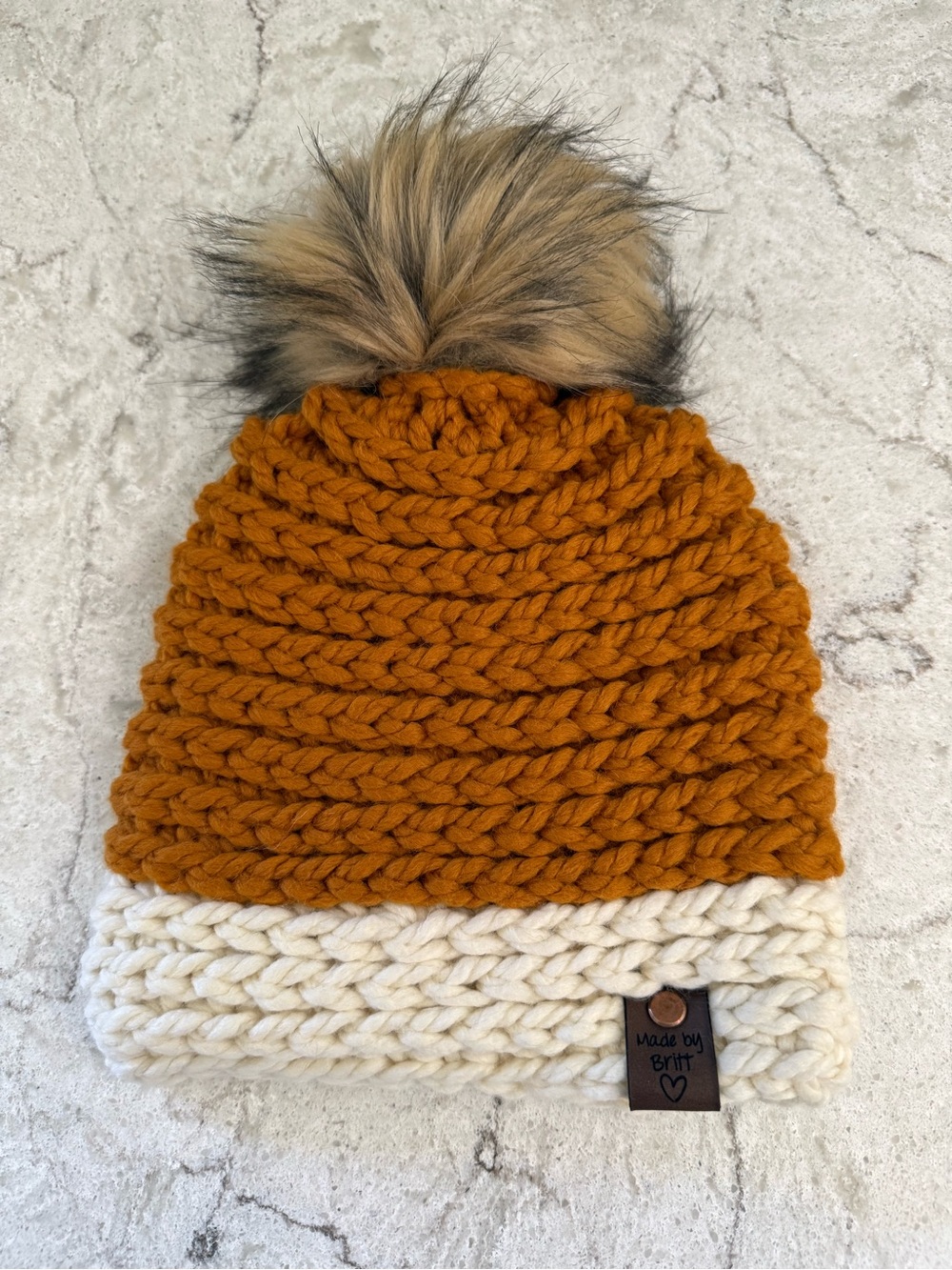 Child/Small Adult Chunky Crochet with Removal Pom Beanie in Mustard & Cream